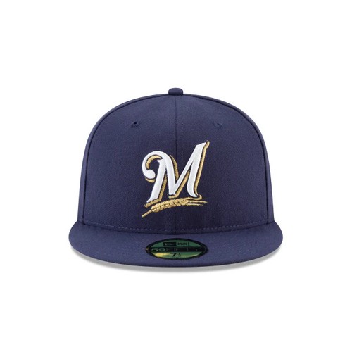 Authentic New Era MLB Milwaukee Brewers 2017 AC 59FIFTY Fitted Hat-Navy/Gold - Picture 2 of 5