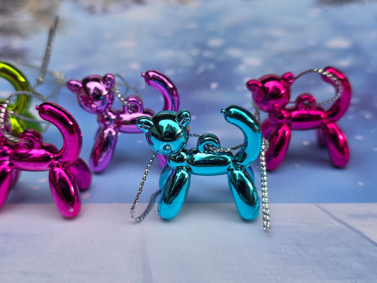 (6) mini 1.5" tall plastic balloon animal cat Christmas ornaments multicolor