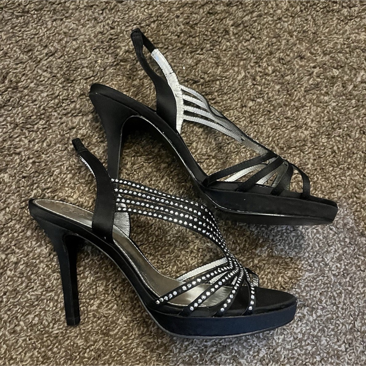 Black Rhinestone Strappy Slingback Stiletto Open Toe Heels Size 7.5