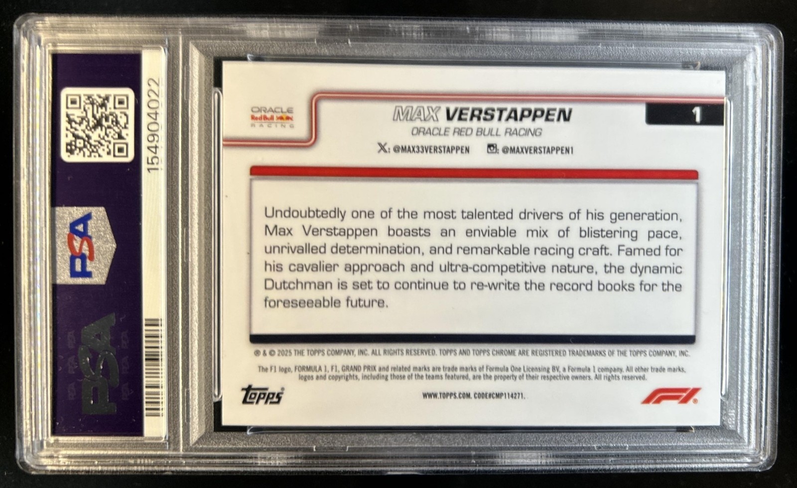 2025 Topps Chrome F1 Max Verstappen F1 75th Refractor Driver #/75 PSA 9 view 2