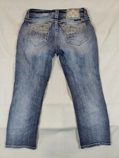Miss Me Jeans Women's 26 Mid-Rise Easy Cropped Distressed Embellished Denim Blue
