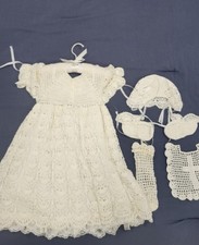 Handmade Vintage White Cotton Christening Outfit Set Dress Bonnet Booties Newbo  