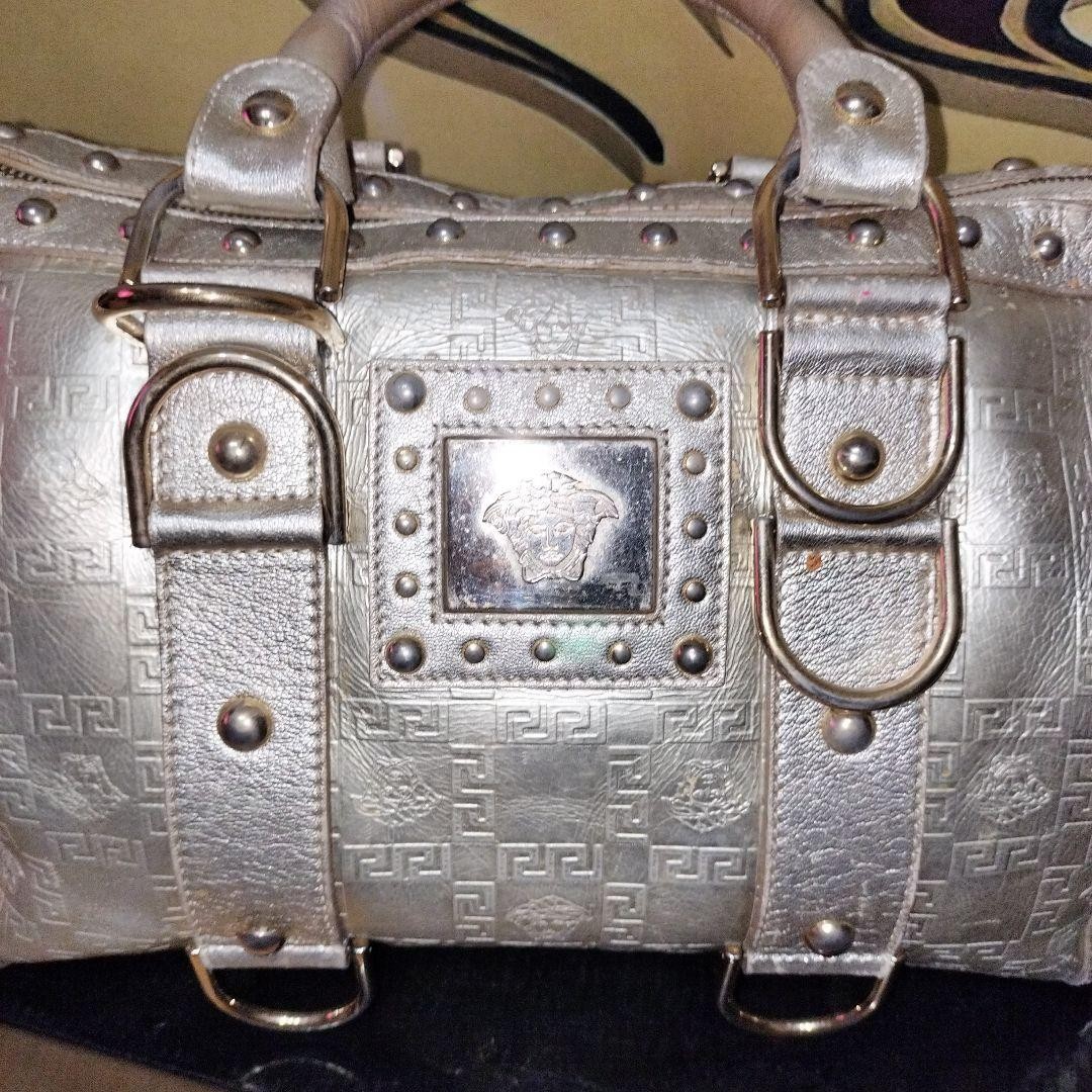 VERSACE HandBag Boston Bag With Studs Hardware Silver Leather Greca Embossed thumbnail 5