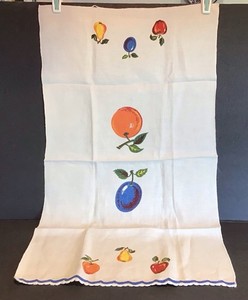 Vintage Linen Kitchen Dish Tea Towel Colorful Stamped Fruit Blue Edge