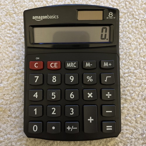 Amazon Basics LCD 8-Digit Desktop Calculator Black New Battery - Works!