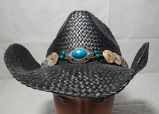 Vamuss Woman Black Straw Western Cowboy Hat with Beaded Turquoise Band Boho