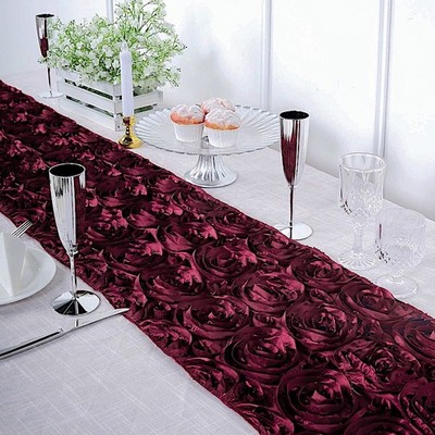 Burgundy 14x108'' RIBBON ROSES TABLE RUNNER Fancy Wedding Party Linens Supplies