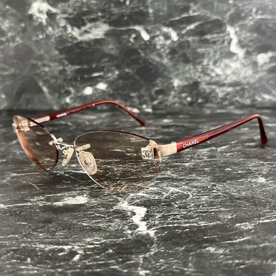 CHANEL Rimless Red Sunglasses Coco Mark Gradient Lens Metal Y2K