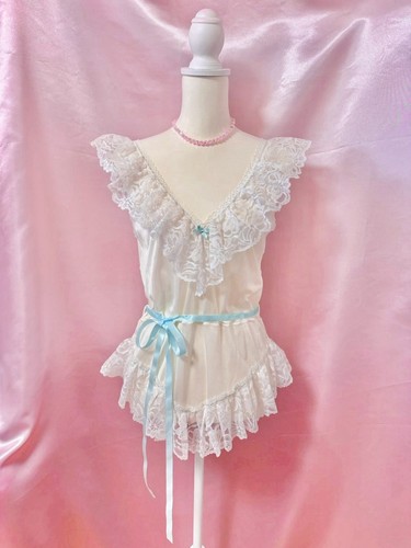 Vintage 1980s Alana Gale Lace Teddy Lingerie Blue Bow Made in USA