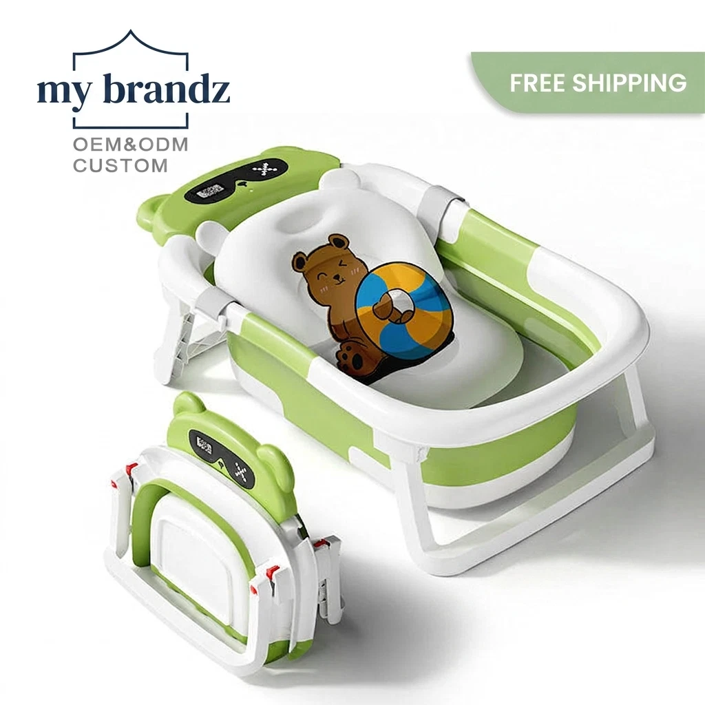 Foldable Baby Bathtub Portable Infant Newborn Bath Tub Soft Cushion Green