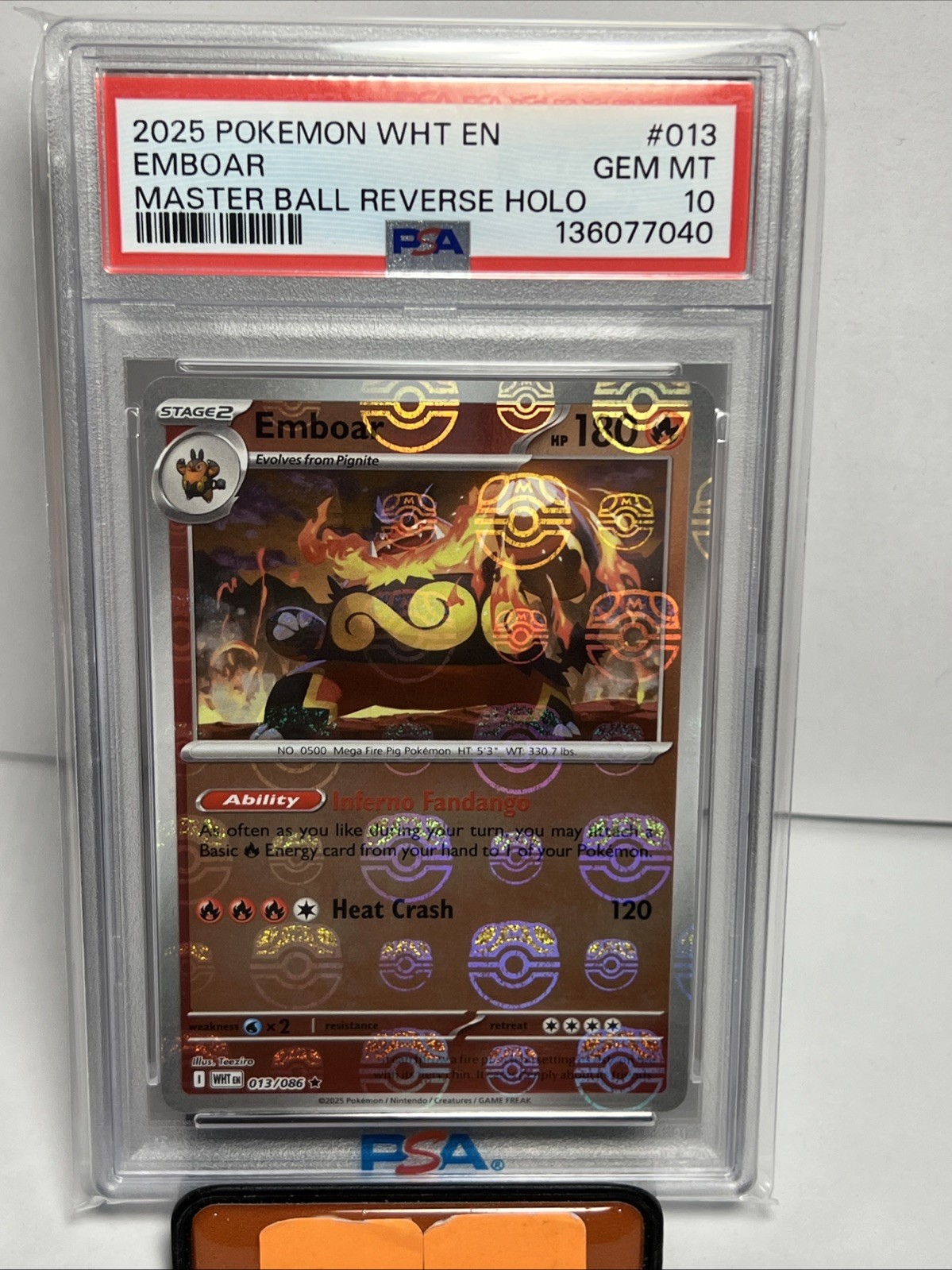 2025 POKEMON WHT EN-WHITE FLARE MASTER BALL REVERSE HOLO #013 EMBOAR PSA 10