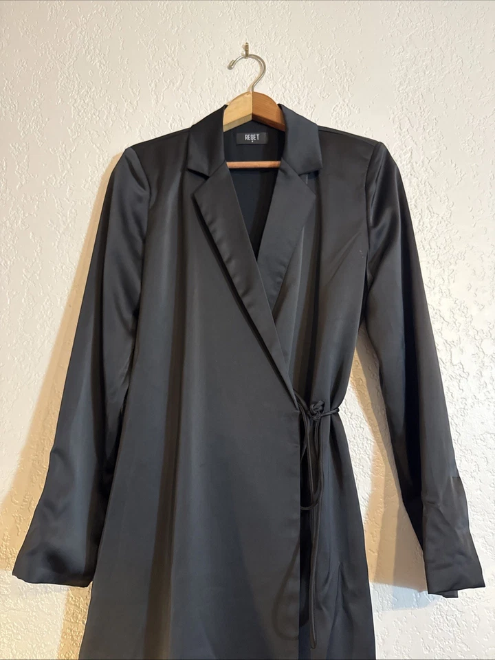 NWOT - RESET by Jane, Olly Dress Black Satin Wrap Tuxedo Dress/Jacket - Image 2 of 4