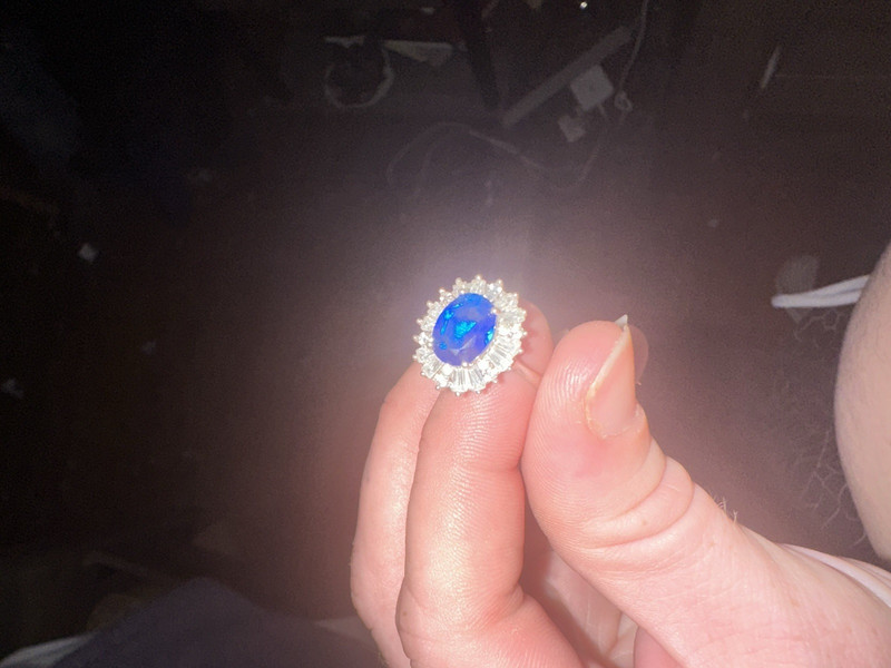 Oval Blue Sapphire Halo Ring w/ Diamonds . Matching Earings.