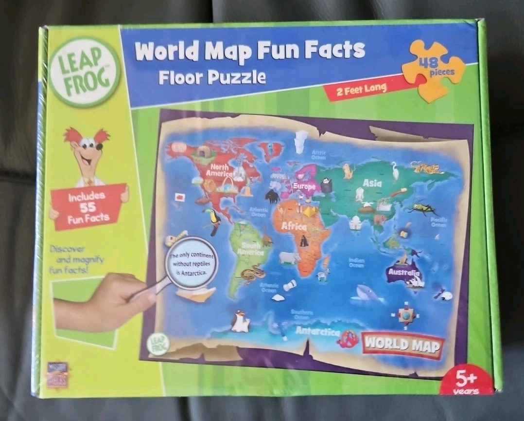 LEAP FROG 48 PIECE WORLD MAP FUN FACTS FLOOR PUZZLE -NEW FAC