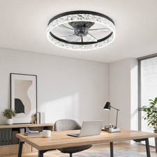 20 inch Flush Mount Low Profile Black Ceiling Fan Remote APP Control with Light