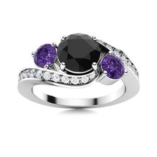 925 Sterling Silver 5MM Round Black Spinel  Amethyst Three Stone Women Ring