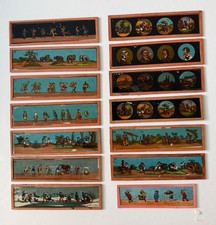 14 Antique Magic Lantern Glass Strip Slides. Marked MD