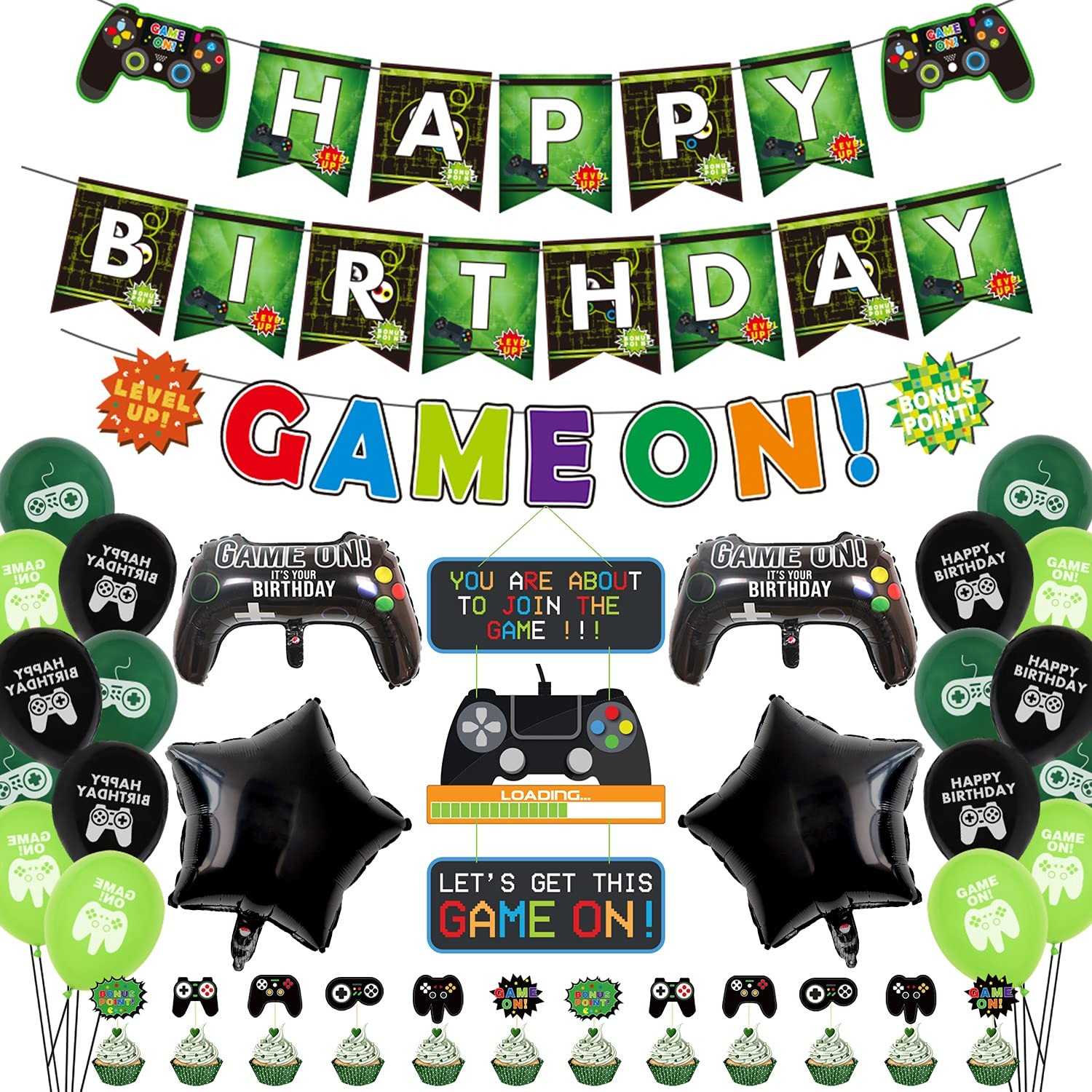 Video Game Party Decorations Including Happy Birthday Banners GAME ON Flag
