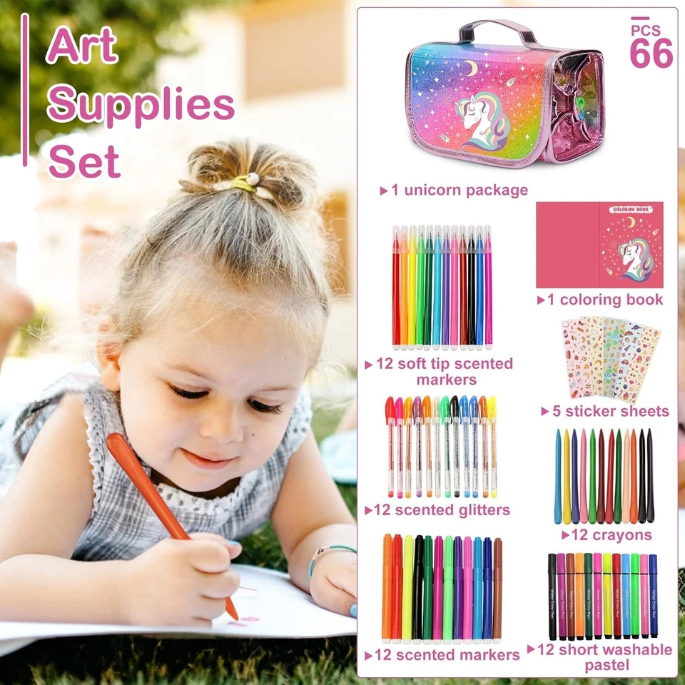 Kids Art Carry Case Colouring Pencils Markers 66 PCs Drawing Set,GIRLS XMAS GIFT - Image 2 of 4