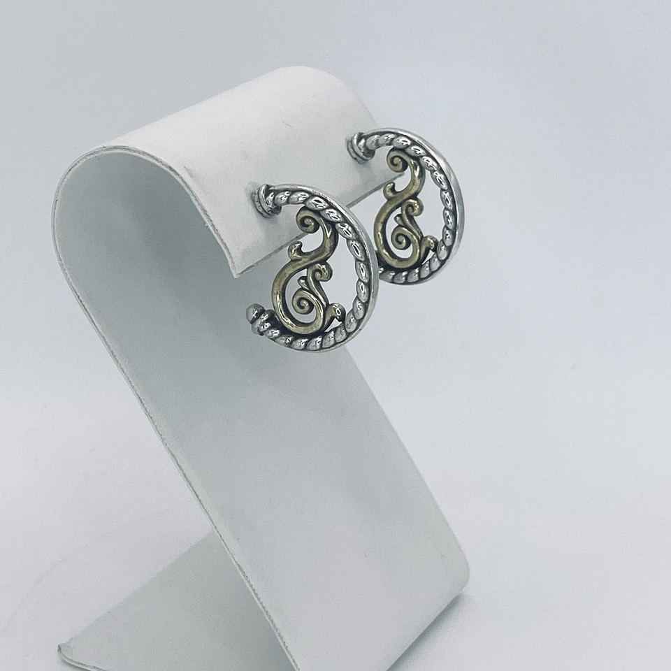 Brighton Hoop Earrings Antique Silver & Gold Rope Scroll Design Pierced Vintage - Image 3 of 4