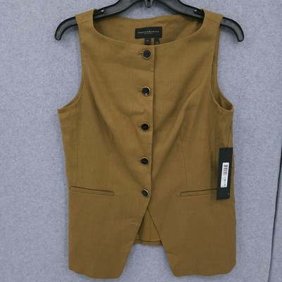 Donna Karan New York Linen Blend Scoop Neck Button Olive Vest Womens Size 8P NWT
