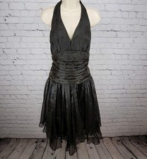 VTG Bari Jay Black Gold Sheen Chiffon Ruched Fit & Flare Dress USA Made Size 16