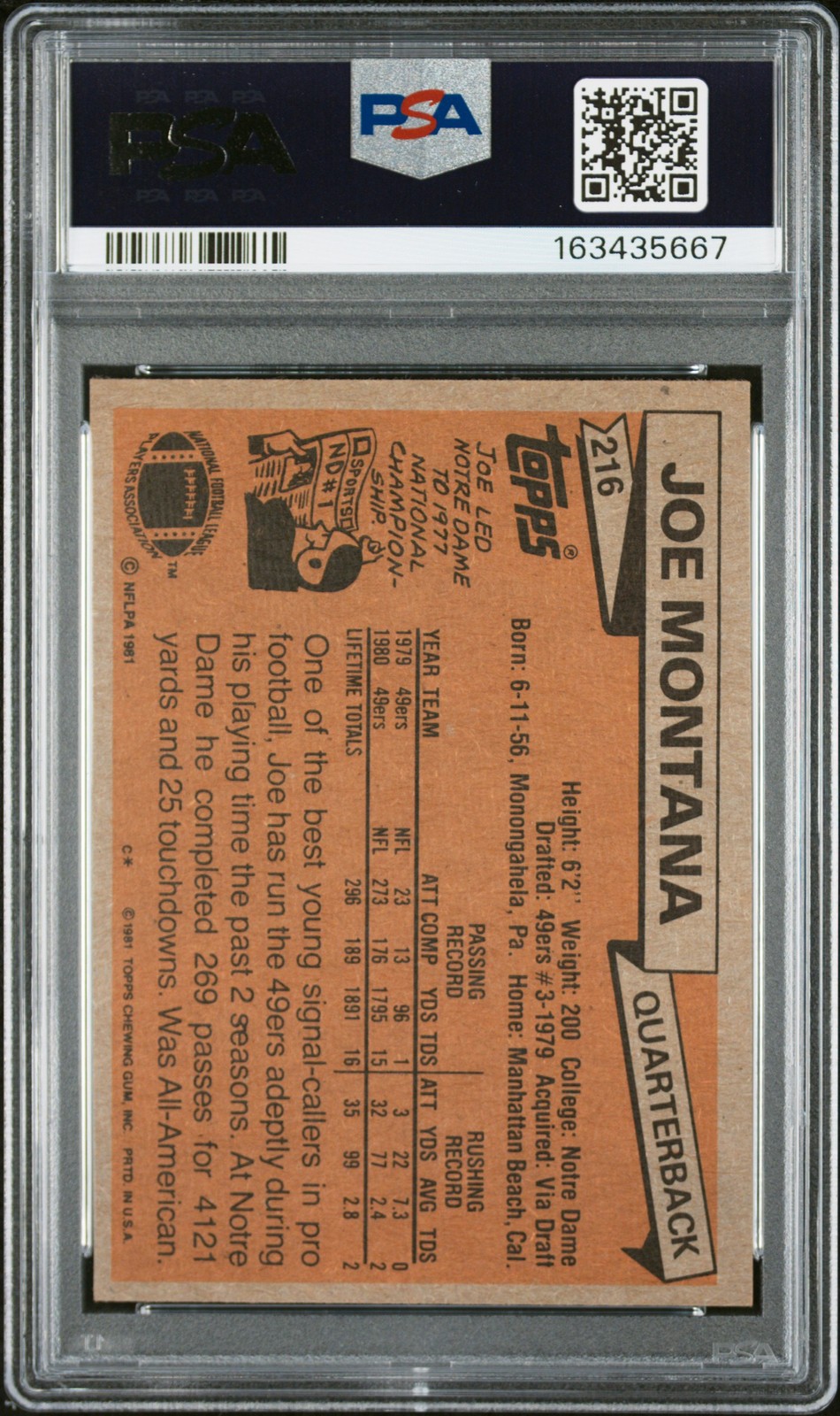1981 TOPPS #216 JOE MONTANA PSA 8 view 2