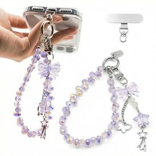 QIOFEARTH Crystal Beaded Phone Wrist Strap, Cute Cellphone 5.5in, Purple