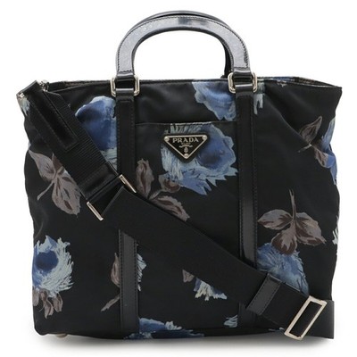 Prada Nylon Flower Pattern 2Way Tote Bag Women Black One Size