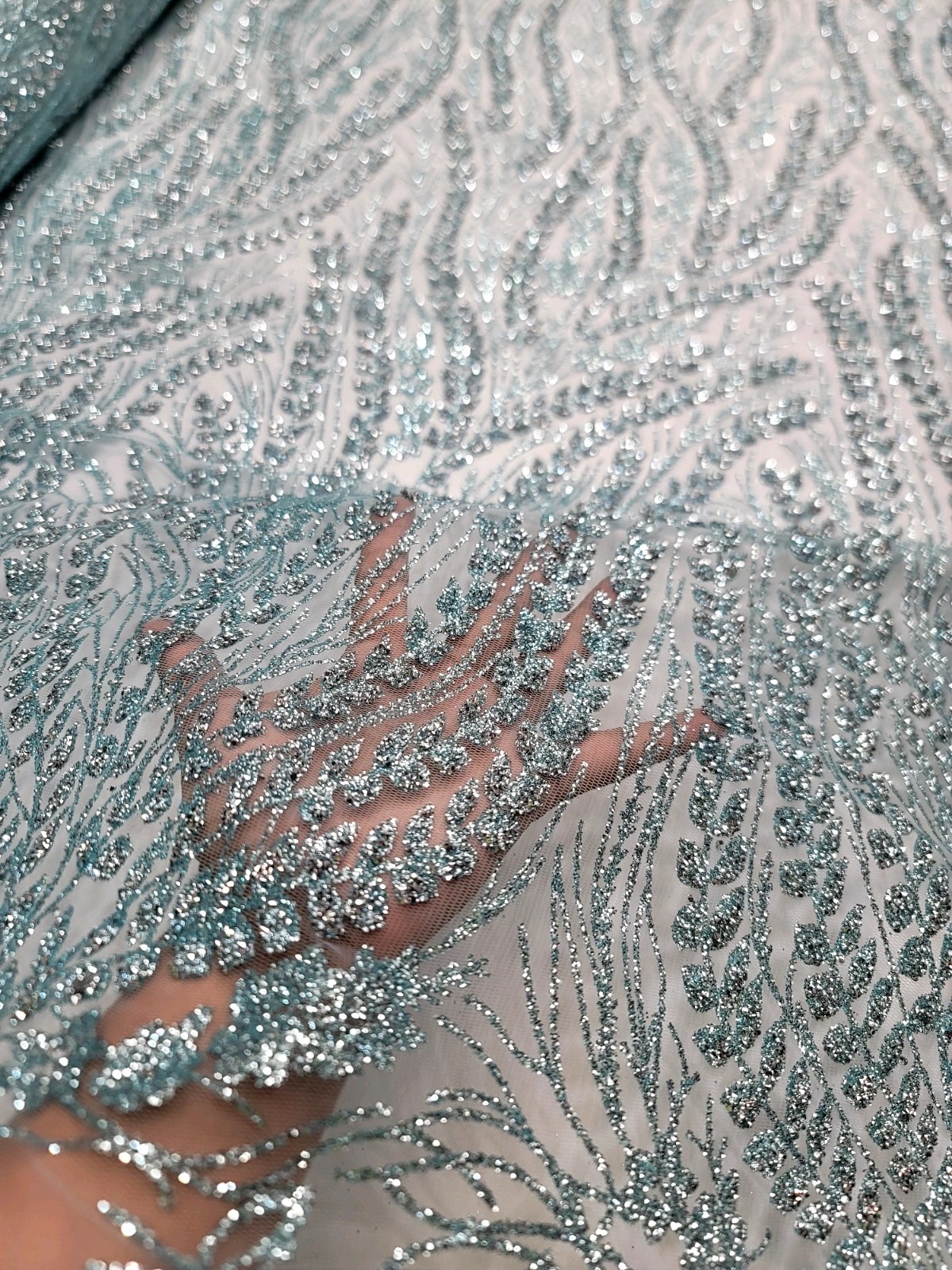 Mint Glitter Lace Rhinestones Geometric Pattern Fashion Fabric Sold By The Yard 