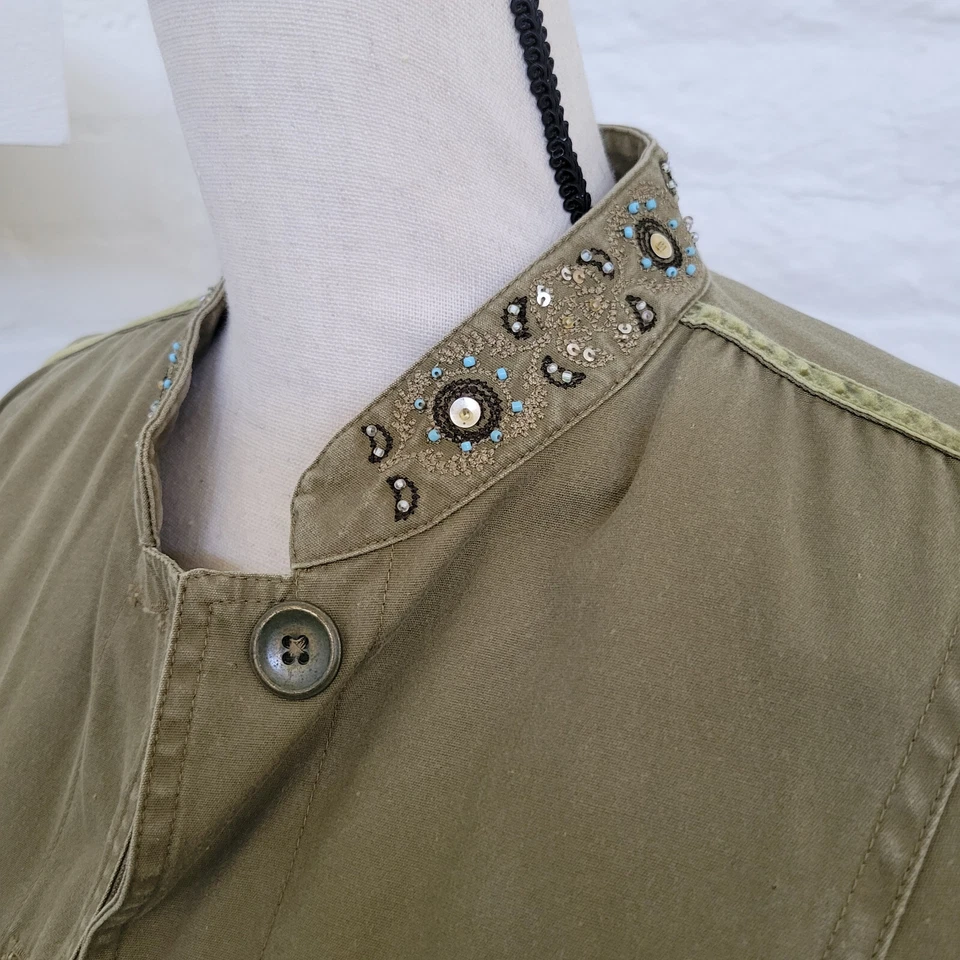 Blazer Mujer Chaqueta Utilitaria Pequeño Abrigo Verde Ejército Boho Cuentas Botón Algodón Foto 3 de 4