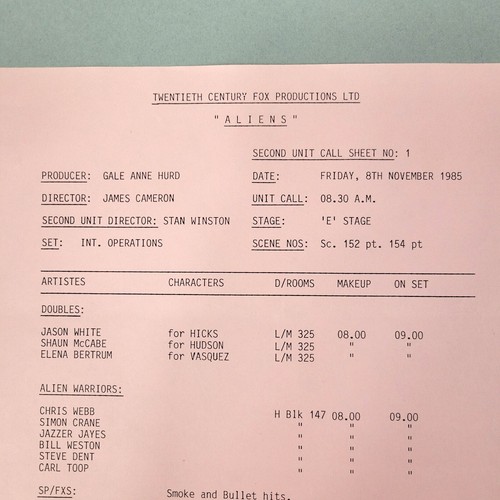 Aliens (1986) - Production Used Call Sheet 1, STAN WINSTON 2nd Unit F/X w/Aliens - Picture 3 of 9
