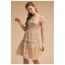 BHLDN Women Tristan Mini Tulle Dress Nude Geometric Mirror Embellishment Size 10