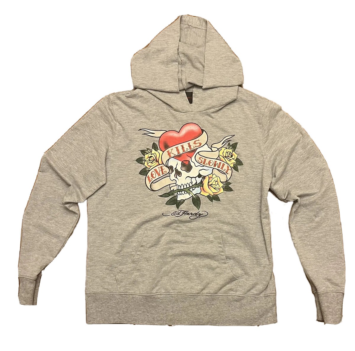 Ed Hardy Love Kills Slowly Hoodie Pullover Gray Heart/Skull Pocket 