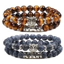 Classic Owl Beaded Bracelets -Black Lava Tiger Eye Weathered Stone Charm Bangles