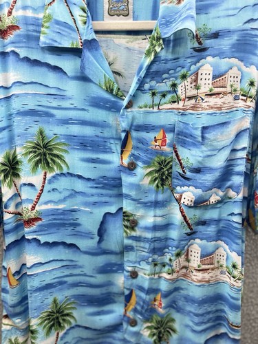 Camisa Hawaiana Ocean Current Para Hombre Mediana Abotonada Magnum PI Azul Verde De Colección - Imagen 21 de 21