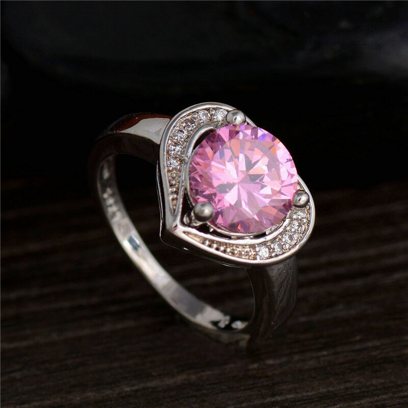 925 Sterling Silver Pink Rhinestone Fashion Wedding Engagement Ring ...
