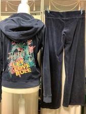 Juicy Couture Navy Tracksuit Wide Leg Low Rise Pants 34 x 33 Zip Up Hoodie M