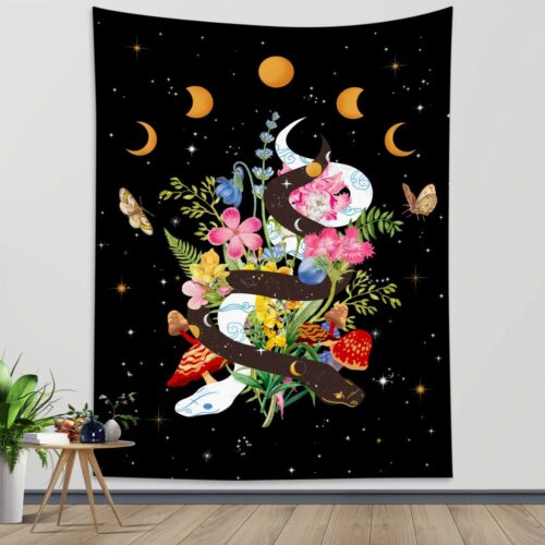 Snake Floral Tapestry Boho Moon Phase Butterfly Wall Hanging Bedspread Cover - Afbeelding 1 van 14