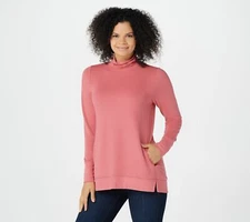 H by Halston 2X French Terry Funnel Neck Long Slv Top Pockets Rhubarb QVC 2850-Q