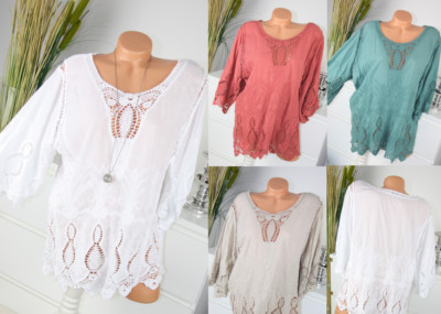 ITALY MODA Tunika Häkel Spitze Bluse Stickerei Shirt TOP FARBEN S M 34 36 38 NEU