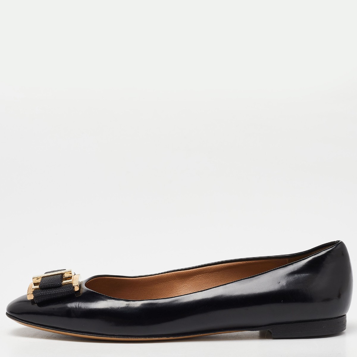 Salvatore Ferragamo Black Patent Leather Buckle Ballet Flats Size 