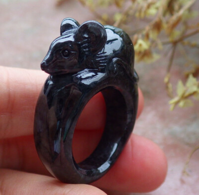 Certified Black Burma 100% Natural A JADE Jadeite Mouse Rat RING USA 9 戒指 848256