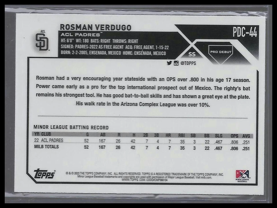 2023 Topps Pro Debut Chrome #PDC-44 Rosman Verdugo ACL Padres - Image 2 of 2