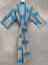 Indian Blue Pure Cotton Large Tiger Kimono Night Gown Night Robe Bridal Gown US