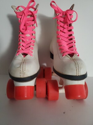 Patins à Roulettes Quad Vintage Années 80 – Roller Derby – Taille 39 (femme) – Blanc/Rose