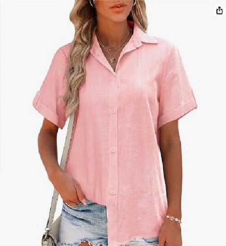 Women Blouse Shirt Short Sleeves Linen Cotton Casual Baggy Loose Button Tops Tee - Picture 10 of 18