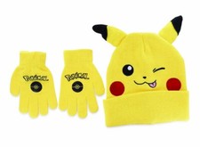 Pokemon Pikachu Winter Hat Ears Beanie Gloves Kids Set Yellow Child Youth