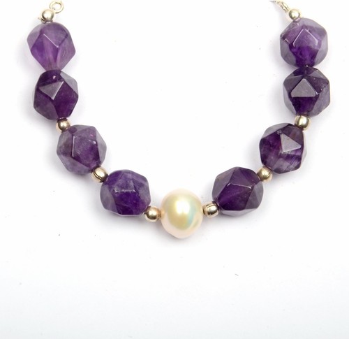 Natural Amethyst & Perl Bracelet 8 Inch 8 MM Pentagon Beads 925 Silver Look - Picture 3 of 4