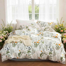 Green Floral Duvet Cover Queen Size, 3Pc Farmhouse Yellow Flowers on White Quilt